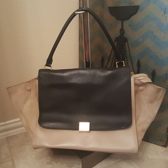 CELINE Trapeze Leather Black Taupe Handbag - Large - Picture 1 of 8